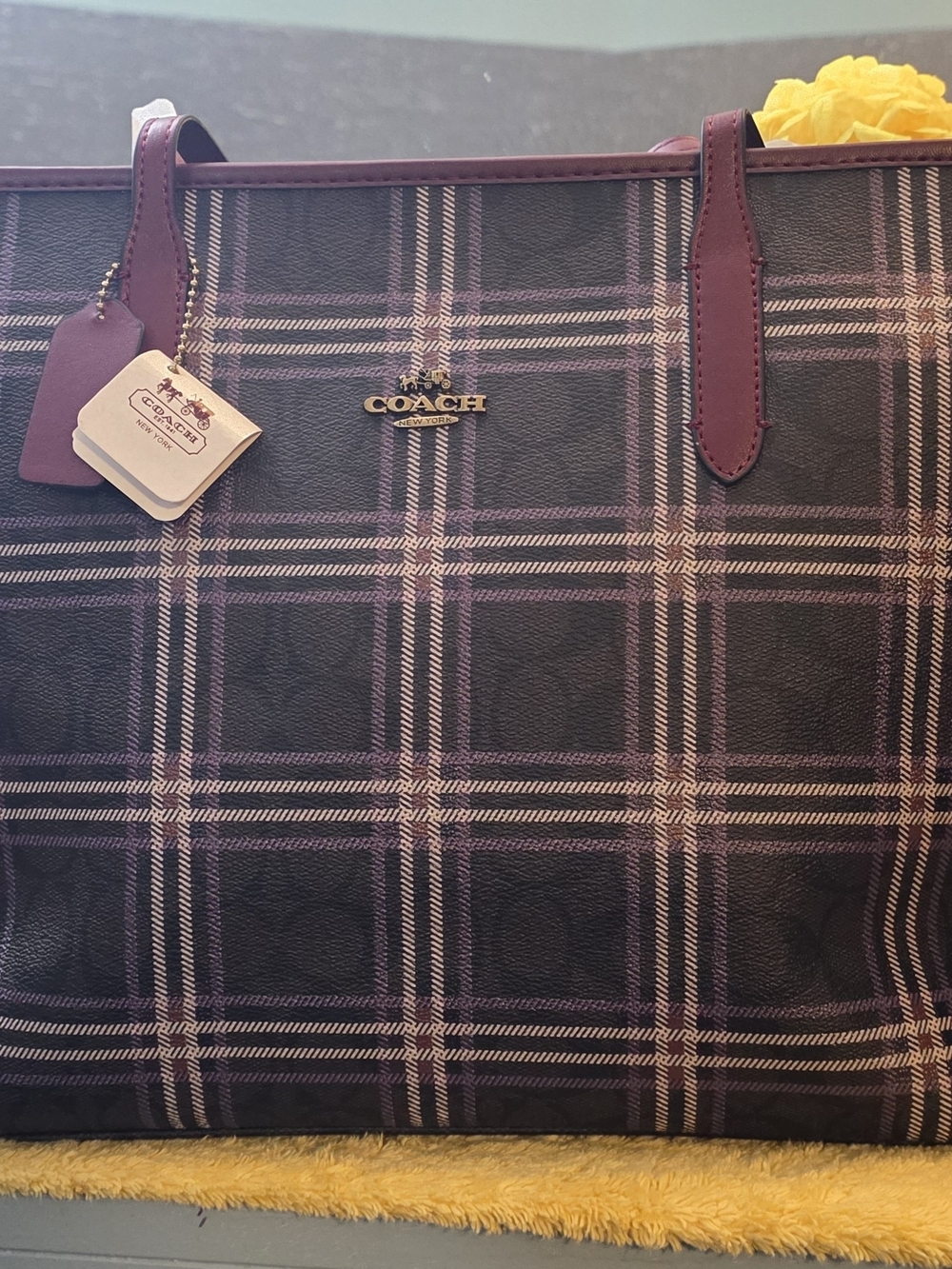 COACH Purple Plaid Tote with Leather Trim